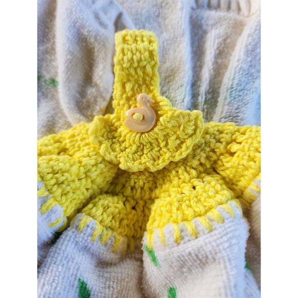 2 Vtg Mushroom Kitchen dish towels Crochet Hanging Hand Towel Yellow Kitsch - Picture 9 of 11